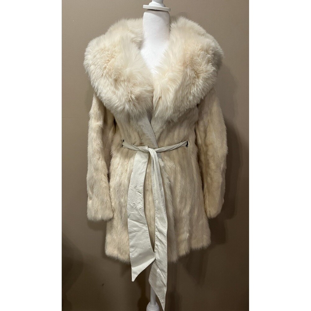 Vintage Genuine White Fox Fur Coat Mid Length Leather Glam Classy Mob Wife S/M